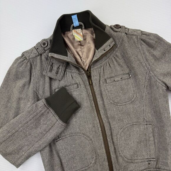 O’Neill Y2K Women’s Wool Blend Herringbone Bomber Jacket M Brown Zip Tweed - Picture 2 of 16